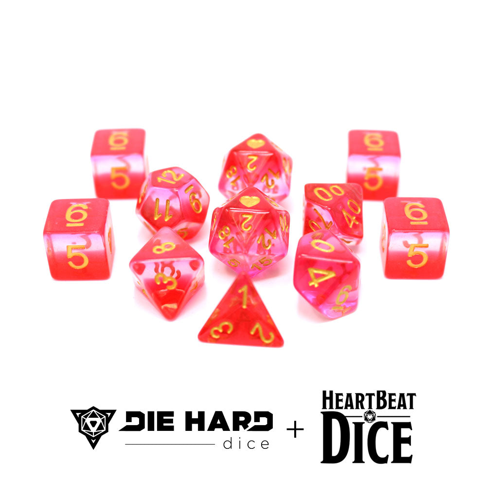 HeartBeat Dice - Translucent Lesbian Pride 11pc RPG Set